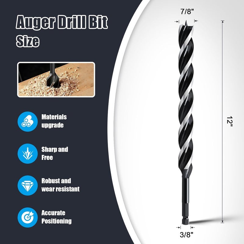 WOBLLMX 7/8" x 12" Auger Drill Bit for Wood, Hex Shank Tri Flute Ship Auger Long Drill Bit for Soft and Hard Wood,Tree Stump,Plastic,Drywall and Composite Materials - Image 2